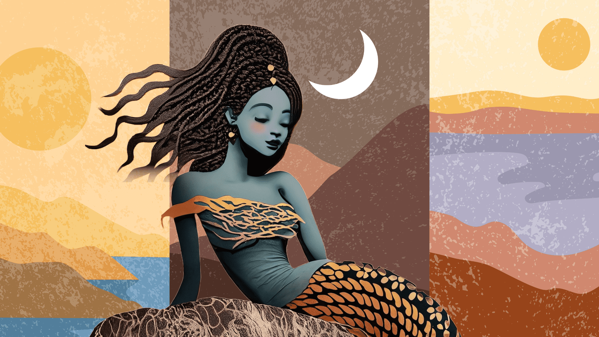 sirena negra con trenzas elaboradas descansando en una roca fantasia marina optimized - 🏠